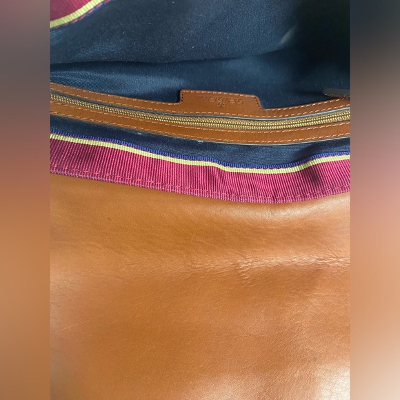 Brooks Brothers Brown Leather Red Multi Striped Fabric Crossbody Bag Purse - Picture 14 of 16